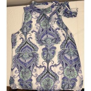 Liz Claiborne Blue Paisley Sleeveless‎ Blouse High Neck Tie - Size Medium